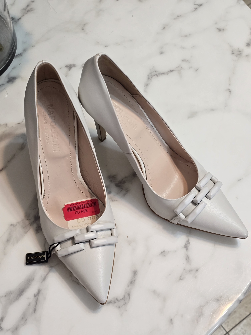 Napoleon Perdis White Pointed Toe Leather Heels with Decorative Strap